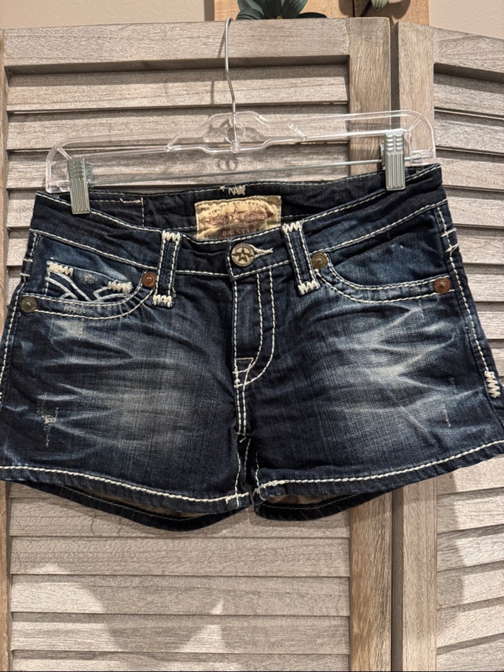 146. Big Star Blue Dark Wash Denim Jean Shorts with White Contrast Stitching